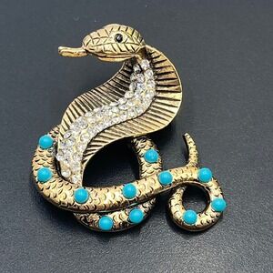 King Cobra Rhinestone Blue Beaded Gold Tone Alloy Snake Brooch Pendant